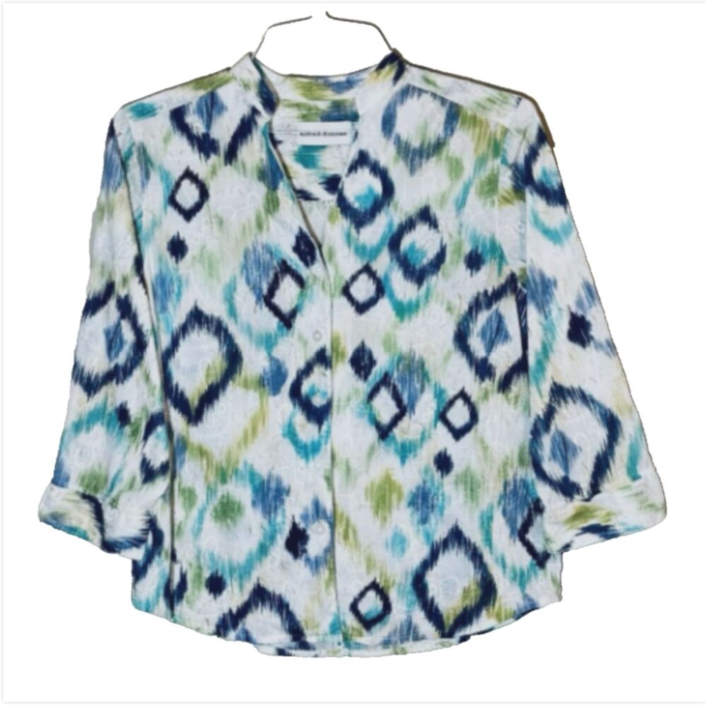 ALFRED DUNNER Sz 8 Blouse Button-Up Aqua Green Blue 3/4 Sleeve 100% Cotton Top